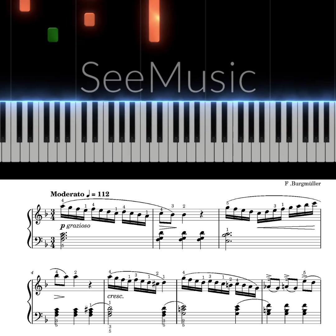 Burgmüller Op. 100 No. 5 “Innocence” Grade 2–3 piano sheet PDF, simplified edition with pedagogical fingerings, printable and tablet-ready, includes MP3 demo recording and step-by-step tutorial video for expressive practice and learning support.
