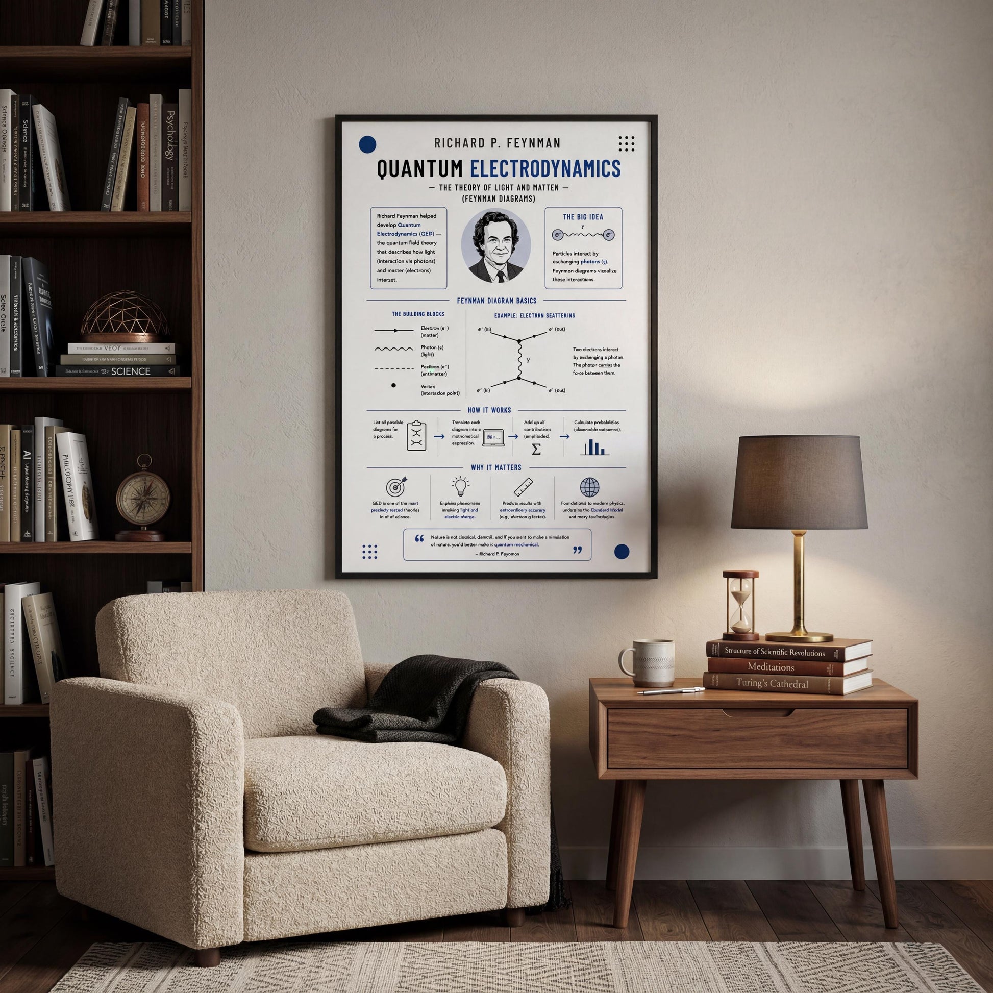 a poster of Richard P. Feynman's "Quantum Electrodynamics" displayed on a wall in a living room setting. The poster includes a portrait of Feynman, a diagram of the equations, and various other scientific illustrations and explanations. The poster is surrounded by bookshelves filled with books, a beige armchair, and a wooden side table with a lamp.