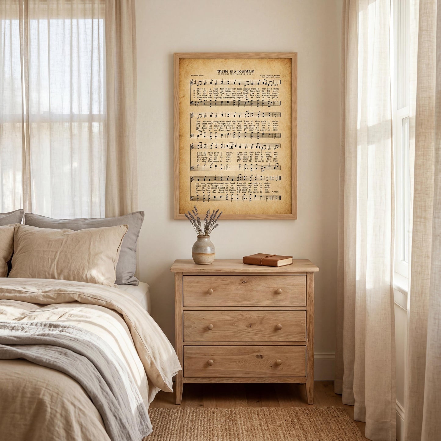 a cozy bedroom scene with a bed, a wooden nightstand, and a framed sheet music poster on the wall.