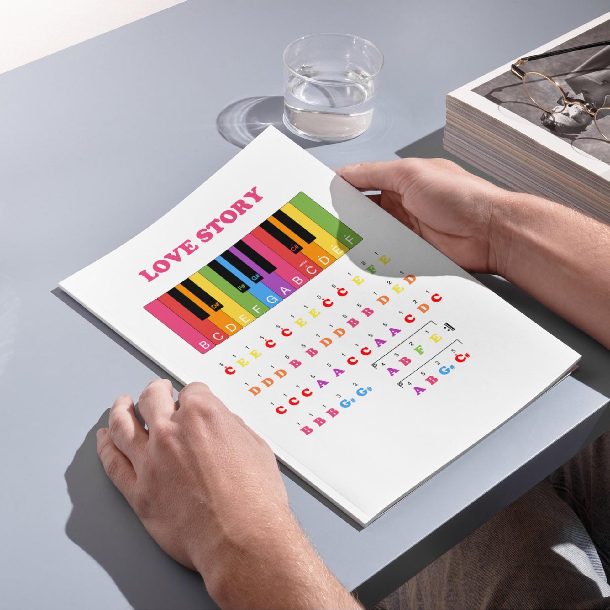 Color-coded Love Story beginner piano printable with finger numbers and large spacing, ideal for special education classrooms, home practice, and first lessons without traditional staff notation.