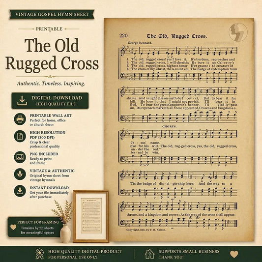The image is a vintage sheet music for the song "The Old Rugged Cross" by George Bernard, featuring sheet music and lyrics.