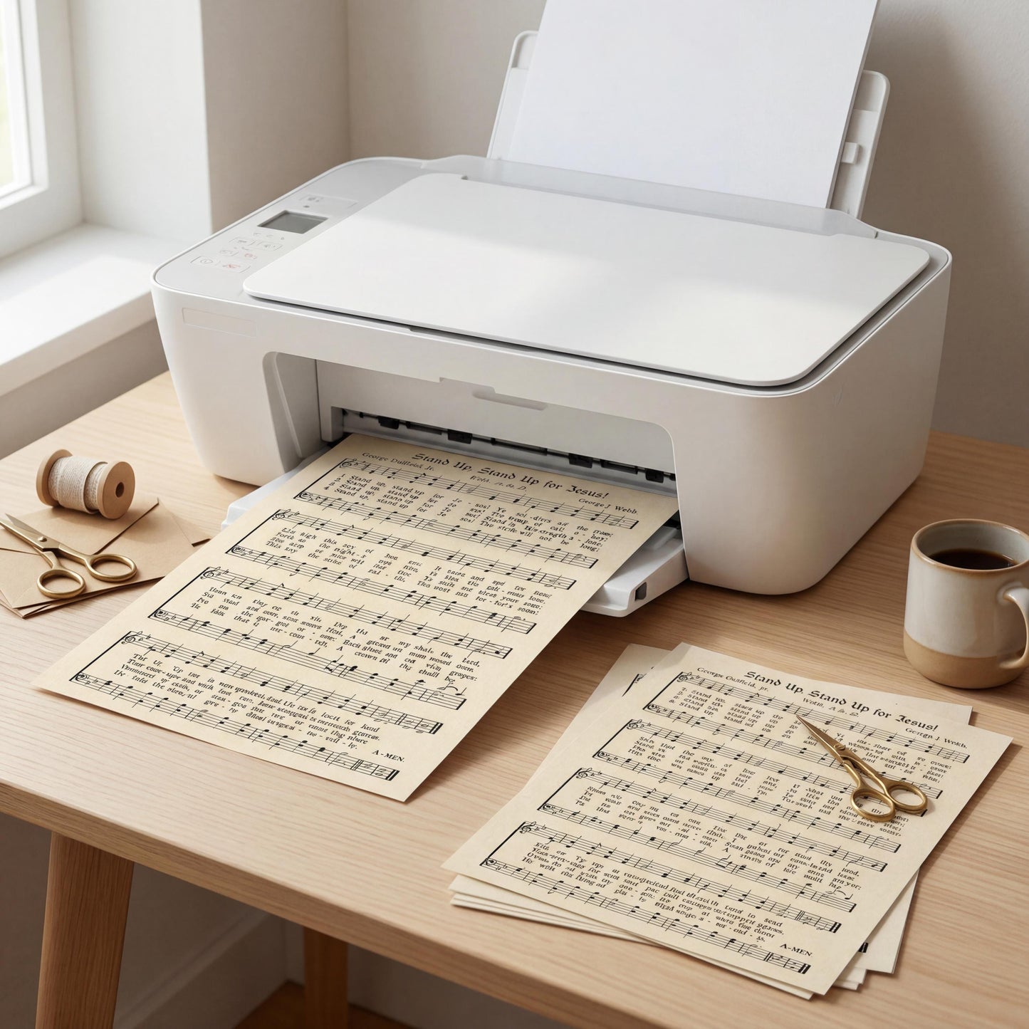 A white printer is sitting on a wooden desk, with sheet music and a cup of coffee nearby.