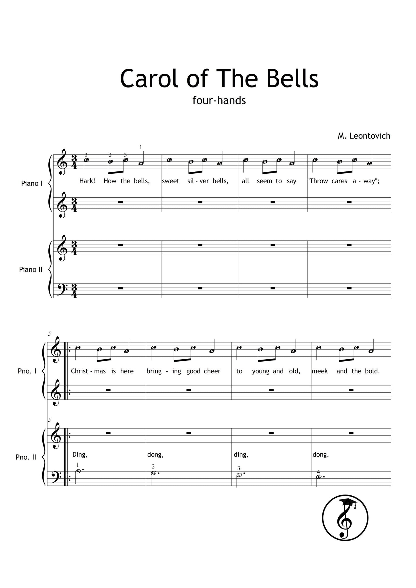 Carol of the Bells by Mykola Leontovych downloadable and simplified piano sheet music PDF for Grade 1 duet players, providing color-coded and letter-named notation plus finger-numbered guidance, MP3 demo, PNG pages, and AI-powered MP4 tutorial for visual holiday learning.