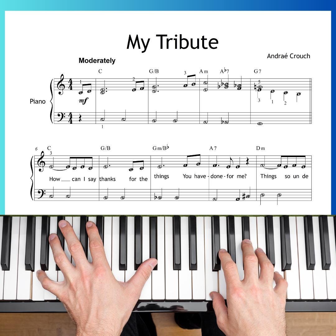 Downloadable PDF of My Tribute by Andraé Crouch featuring solo piano arrangement and full lyrics. Suitable for church pianists and gospel musicians, this worship classic reflects heartfelt praise and gratitude. Great for Sunday services or quiet reflection.