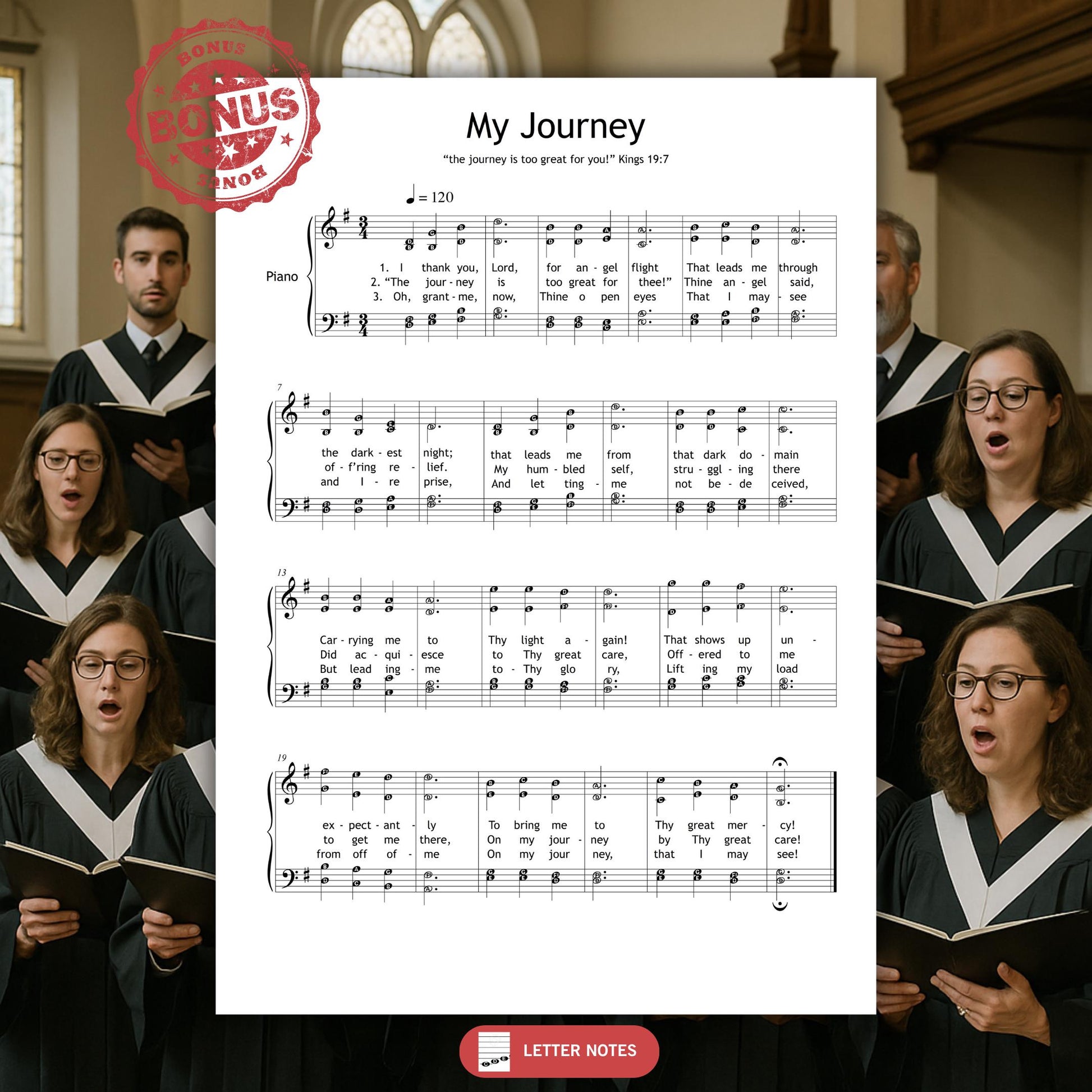 SATB choir and piano sheet music for My Journey, based on 1 Kings 19:7. The downloadable PDF includes labeled notes, making it easier for choirs and accompanists to prepare for spiritual services.