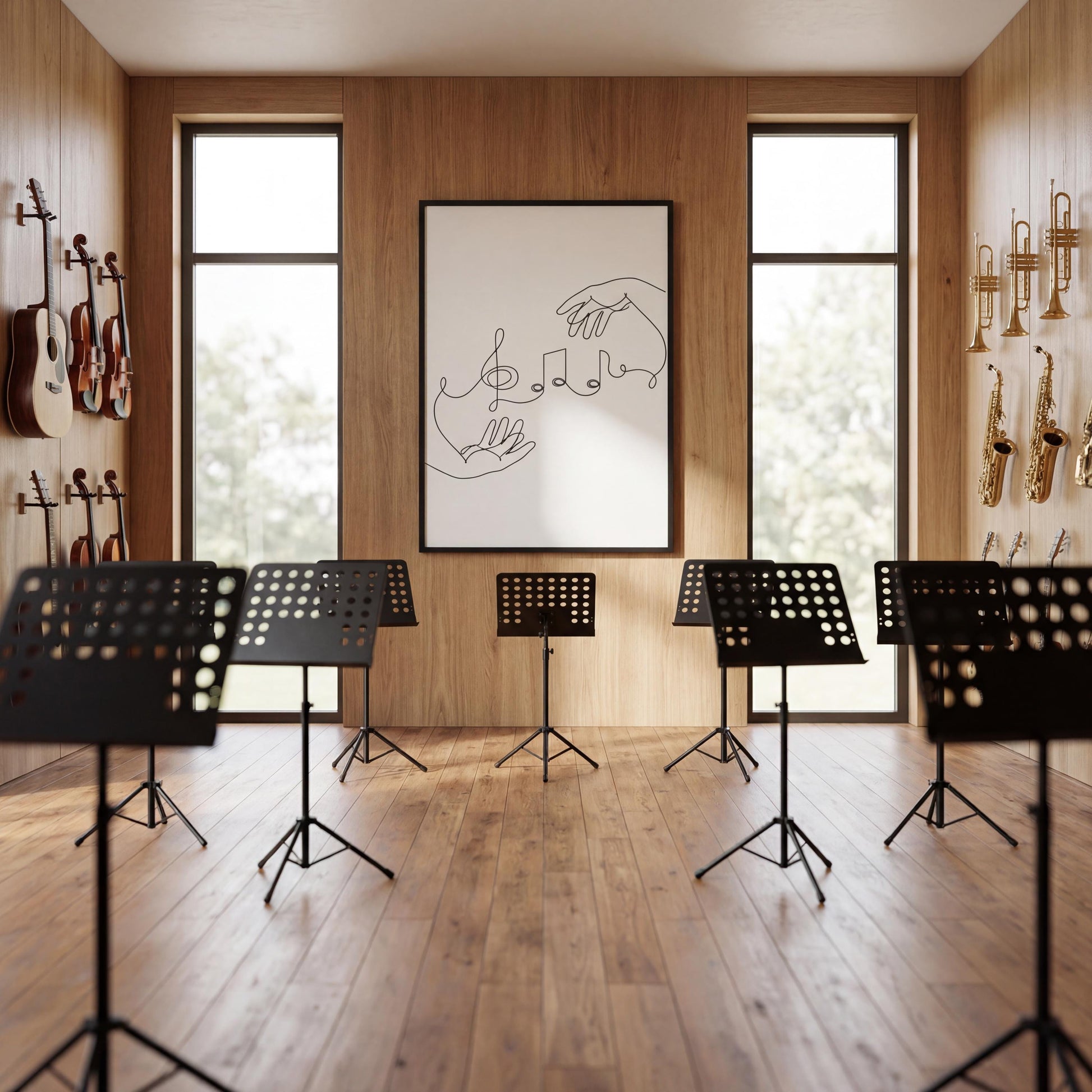 Minimalist music wall art printable designed for contemporary interiors, offering black-line illustrations suitable for music education spaces and creative offices.