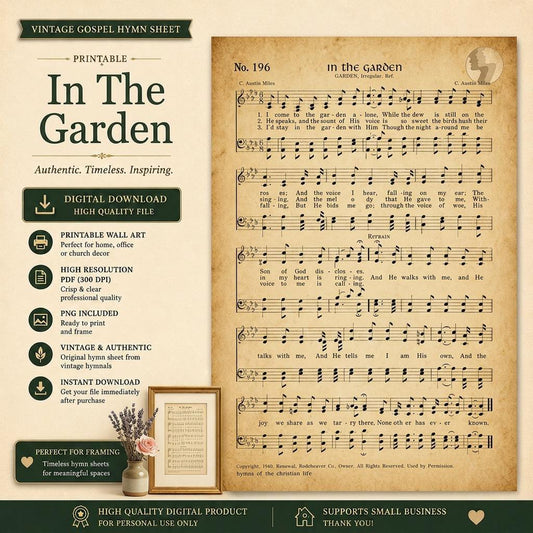 In The Garden Vintage Hymn Sheet Music Printable | Antique Gospel Music Wall Art PDF PNG | Christian Decor Download