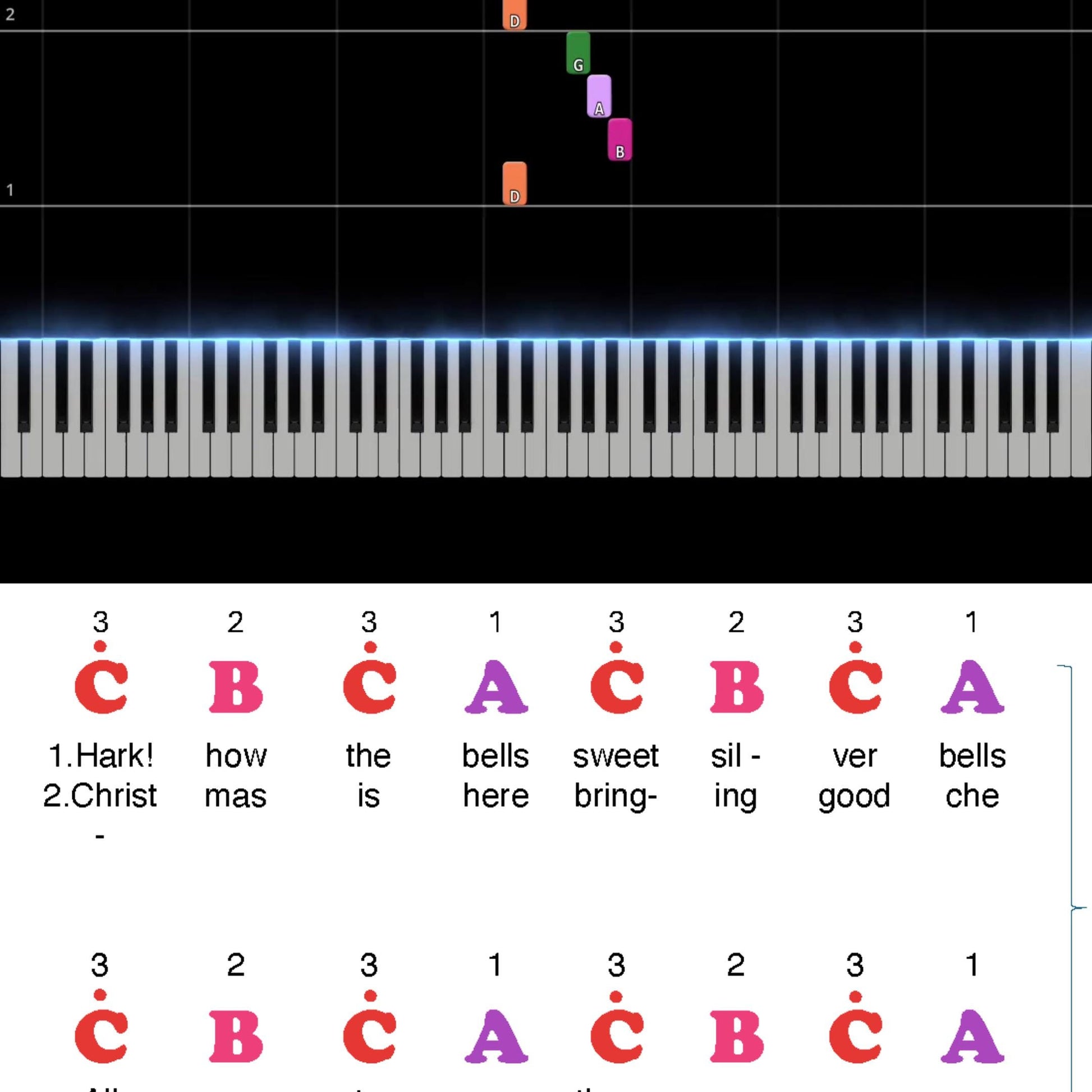 Carol of the Bells by Mykola Leontovych downloadable and simplified piano sheet music PDF displayed with note-name letters, finger numbers, and color-coded notes in a clear one-hand Grade 0 format derived from the original manuscript, ideal for first-time piano students.
