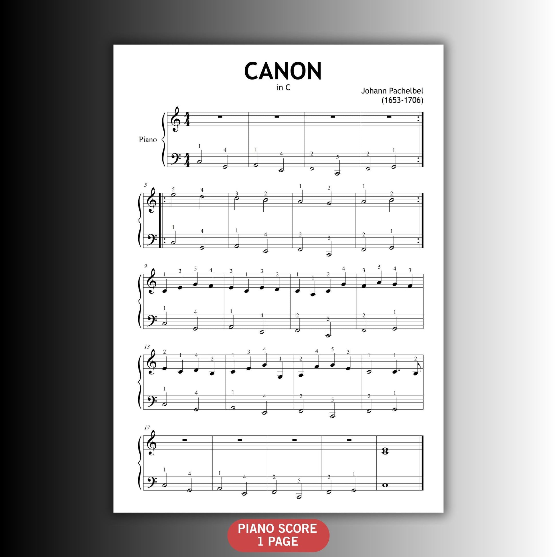 Canon in D simplified piano sheet by Pachelbel displayed on digital tablet, beginner layout with clear notation, perfect for piano lessons and classroom performances, printable PDF format.