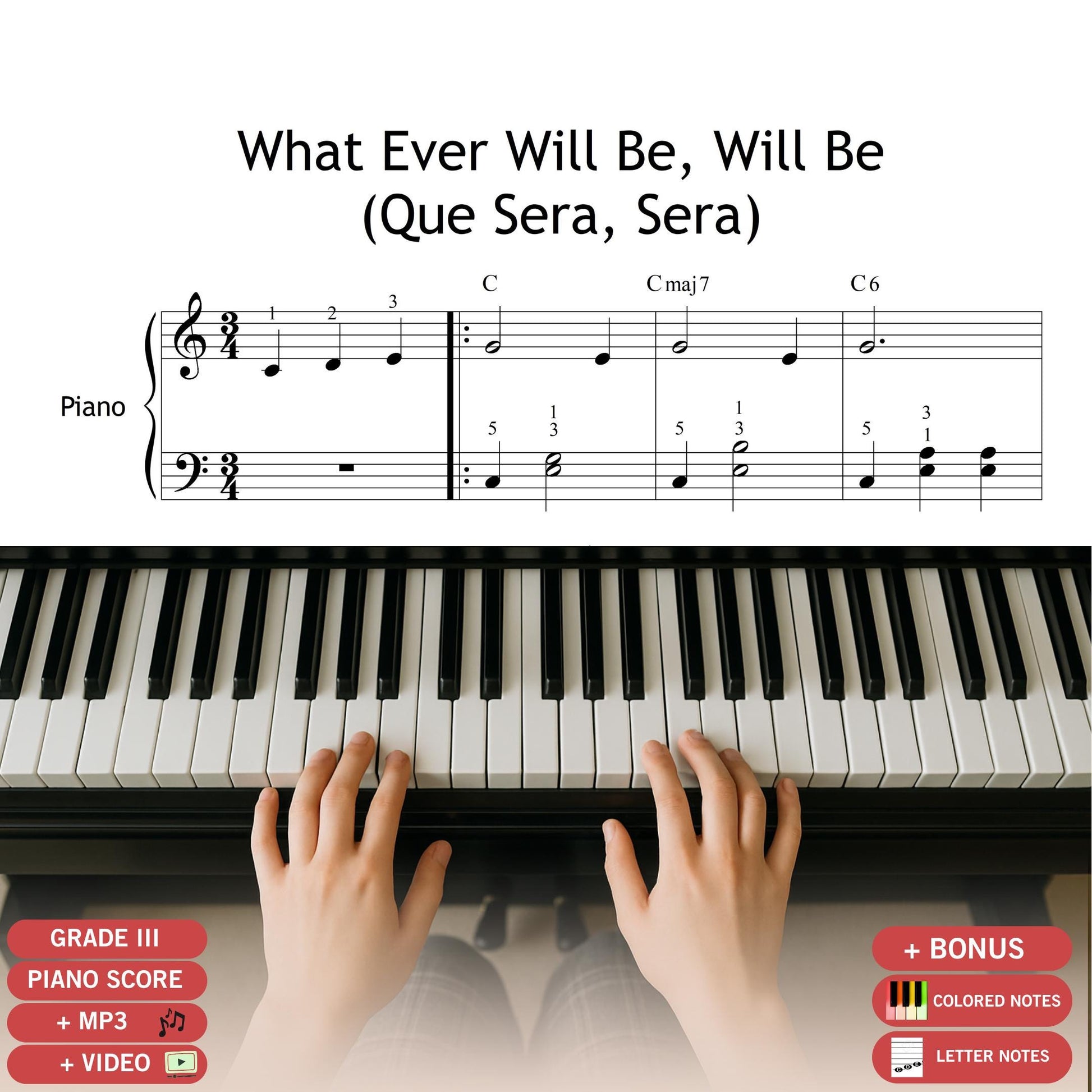 Whatever Will Be, Will Be (Que Sera, Sera) by Doris Day, downloadable and simplified piano sheet music PDF. This Grade 2 arrangement is perfect for beginner pianists seeking a nostalgic and easy-to-play version of the classic movie song. Features clean notation, high-resolution format, and clear layout for both print and tablet use. Ideal for home practice, lessons, and performance.