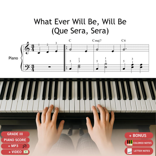 Whatever Will Be, Will Be (Que Sera, Sera) by Doris Day, downloadable and simplified piano sheet music PDF. This Grade 2 arrangement is perfect for beginner pianists seeking a nostalgic and easy-to-play version of the classic movie song. Features clean notation, high-resolution format, and clear layout for both print and tablet use. Ideal for home practice, lessons, and performance.