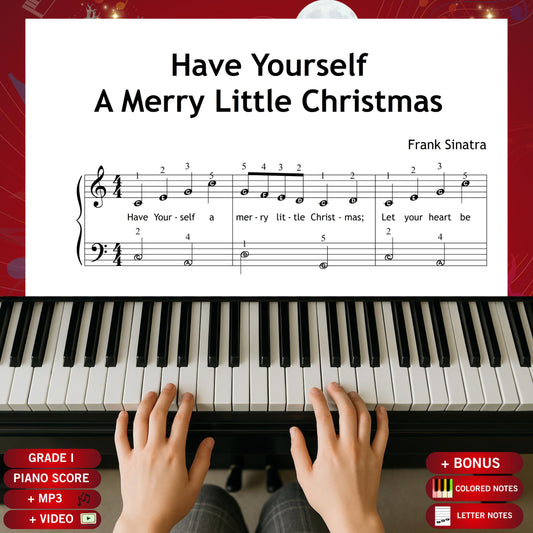 Have Yourself a Merry Little Christmas by Hugh Martin and Ralph Blane downloadable and simplified piano sheet music PDF shown in a Grade 1 easy layout with finger numbers, color-coded notes, note-name versions, lyrics, and manuscript-based engraving for beginner holiday practice.