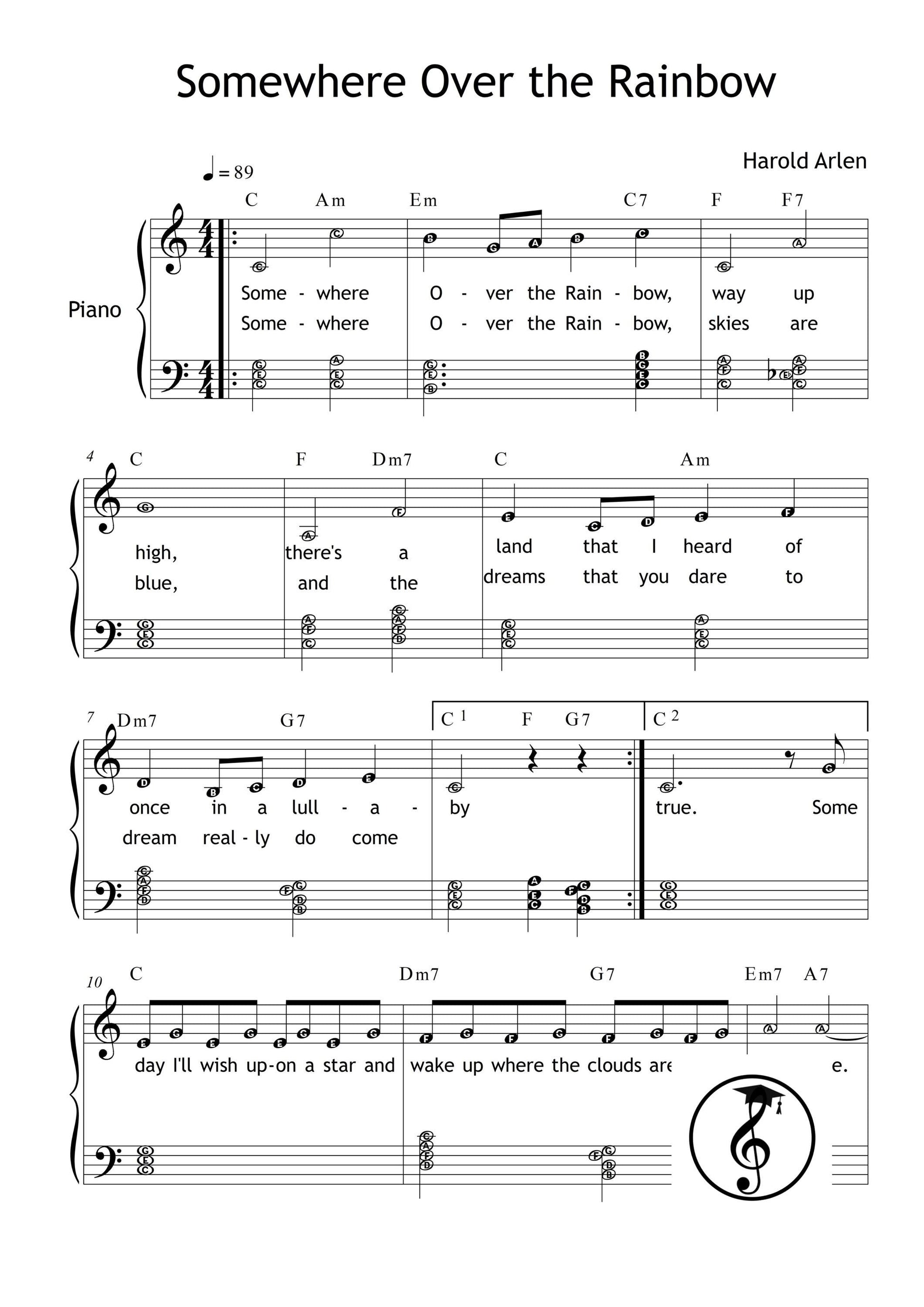 Somewhere Over the Rainbow | Classic Movie Song PDF – Grade 3 Piano Sheet Music with Lyrics