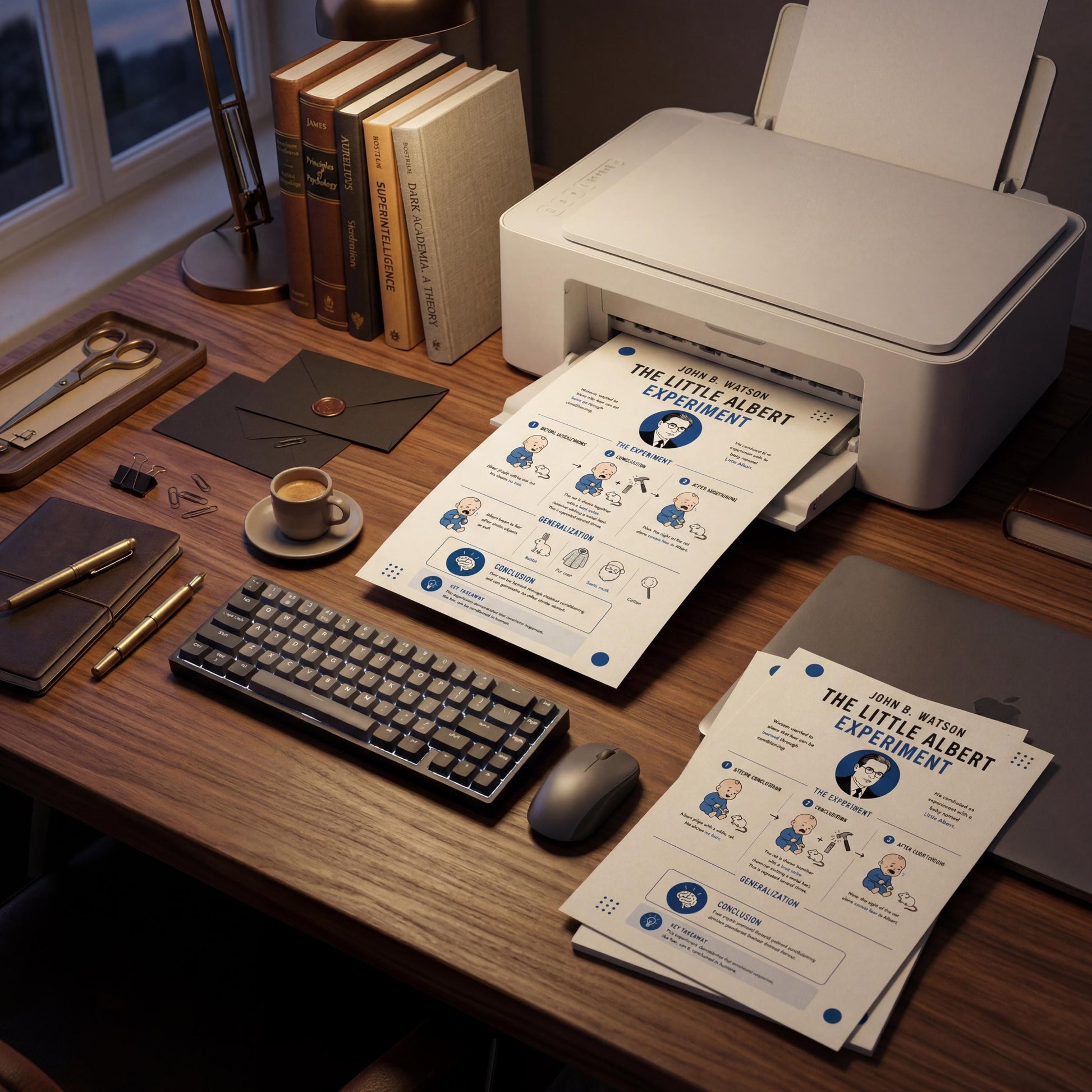 a desk with various office supplies and equipment, including a printer, keyboard, mouse, books, and other items.