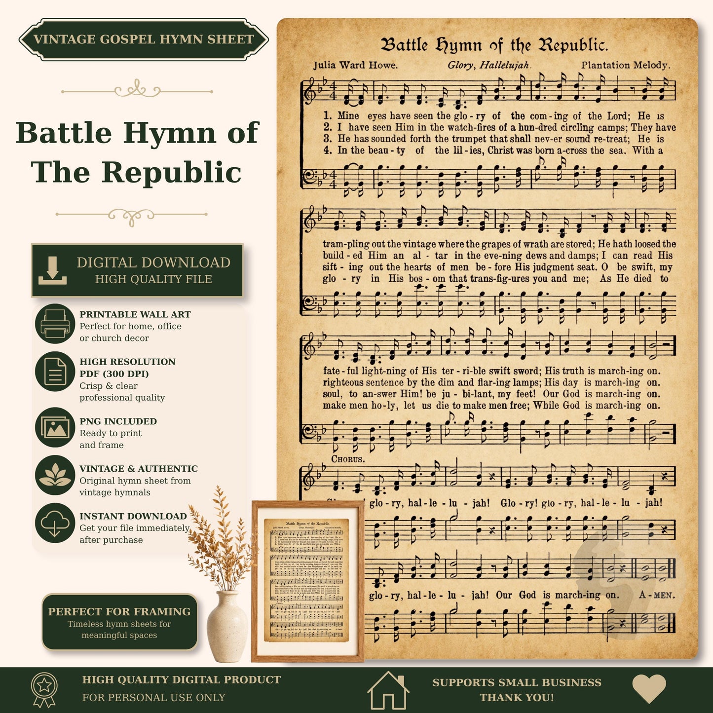 The image is a vintage sheet music for the "Battle Hymn of the Republic" by Julia Ward Howe, featuring sheet music and lyrics.