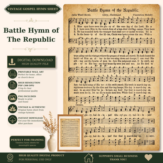 The image is a vintage sheet music for the "Battle Hymn of the Republic" by Julia Ward Howe, featuring sheet music and lyrics.