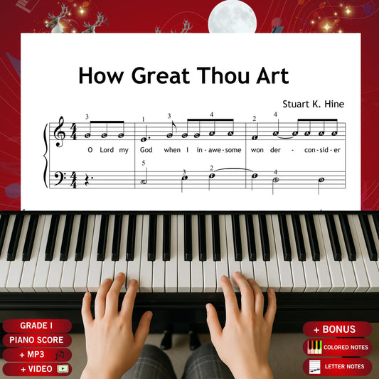 How Great Thou Art by Traditional beginner piano sheet music PDF presents a clear Grade 1 arrangement with lyrics, giving early learners a peaceful and expressive hymn in an easy-to-read printable format ideal for worshipful December practice.