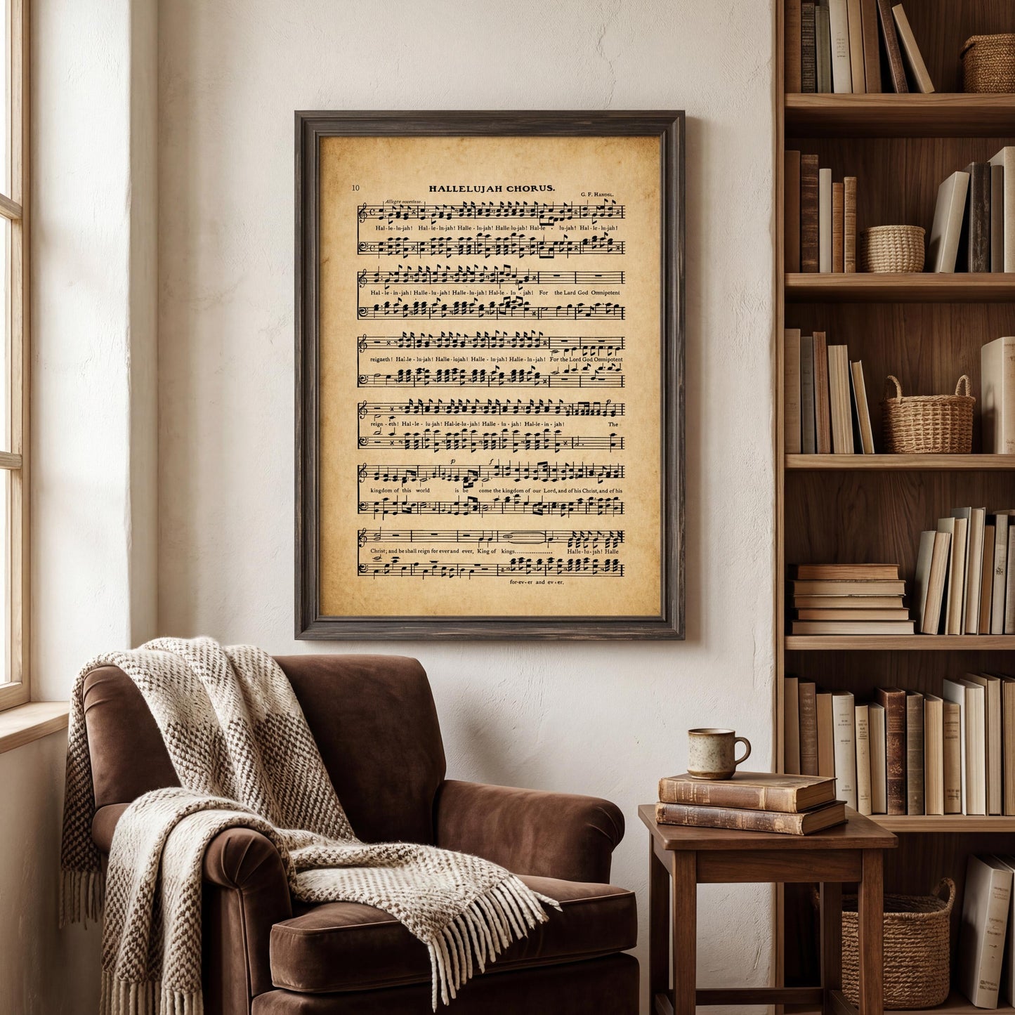 a cozy living room with a brown armchair, a framed sheet music poster on the wall, and a bookshelf filled with books.