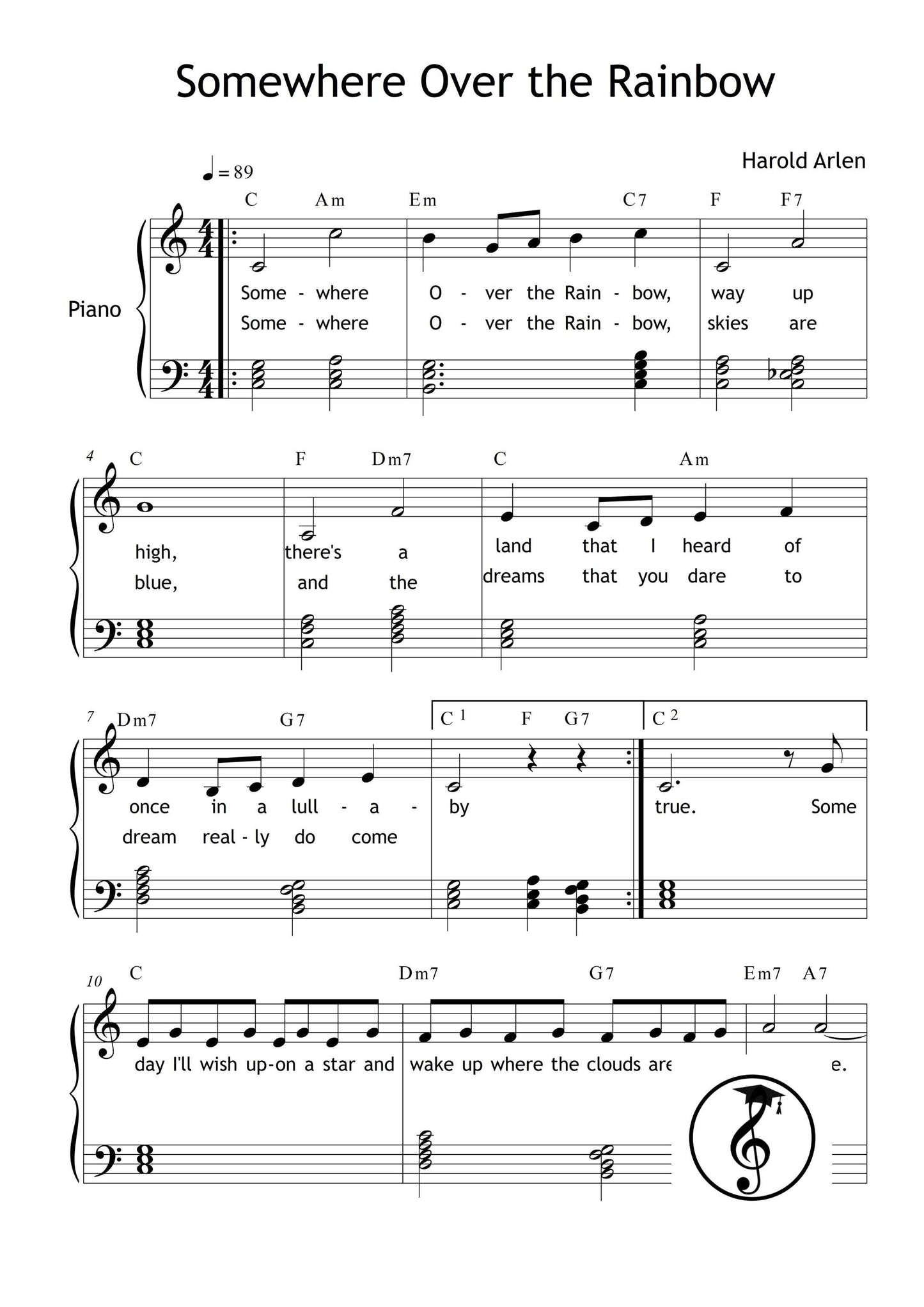 Somewhere Over the Rainbow - Harold Arlen | Grade 3 Piano Sheet Music Printable PDF Easy Arrangement with Sing-Along
