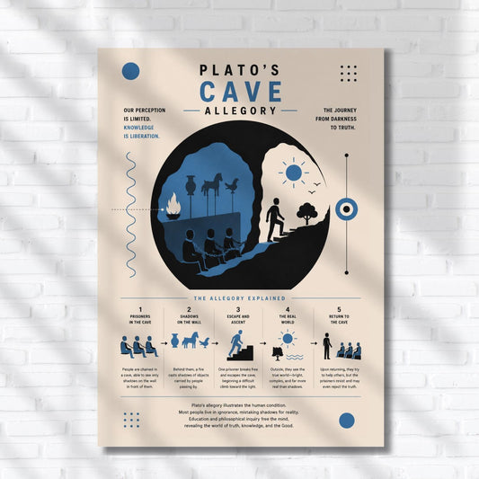 The image is a poster that illustrates the concept of Plato's Cave Allegory. It features a cave with a group of people inside, and the poster explains the allegorical meaning behind the scene.