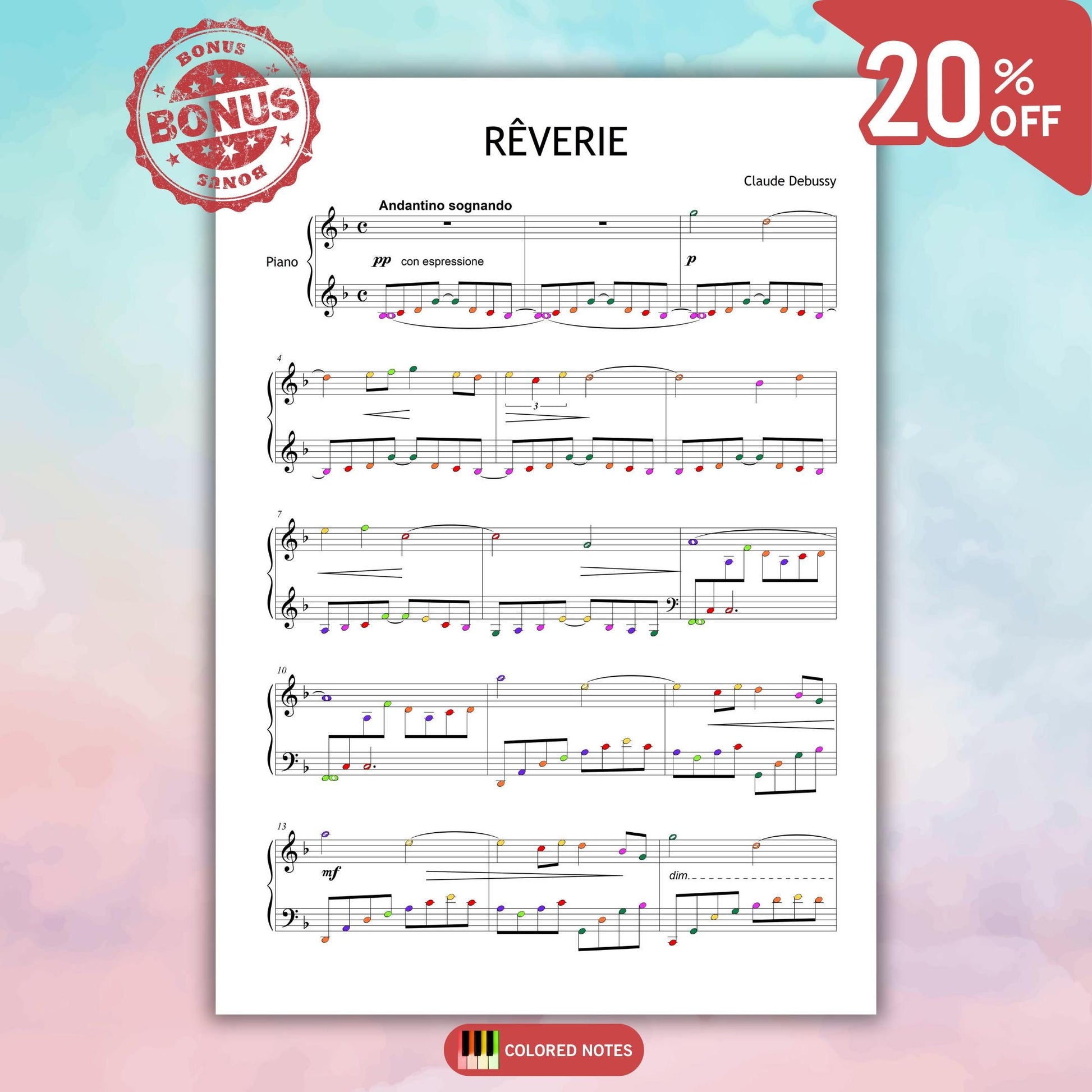 Printable piano sheet music of Reverie, Debussy’s impressionist masterpiece, with fingered score and MP3 guide