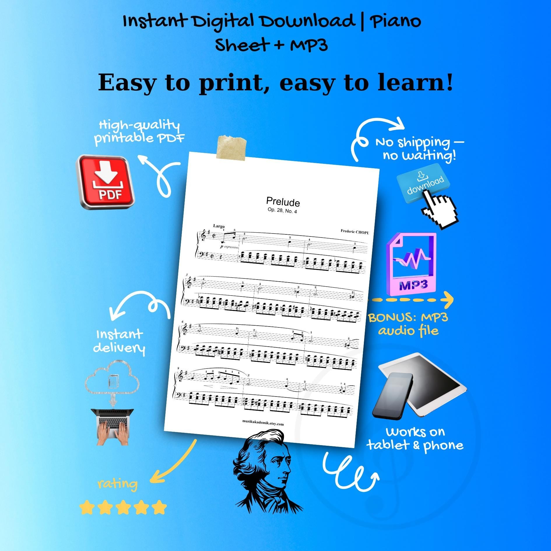 Chopin - Prelude Op. 28 No. 4 - Grade 6 - Advanced Piano Sheet Music with Fingerings - Romantic Classical