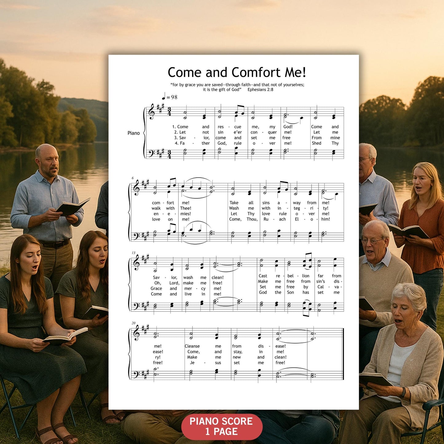 Printable SATB sheet music PDF of Come and Comfort Me with lyrics and piano part. Suitable for choirs performing sacred or reflective music. Great for Sunday services, memorials, and spiritual events. Clean layout, ready to print or use on tablet.