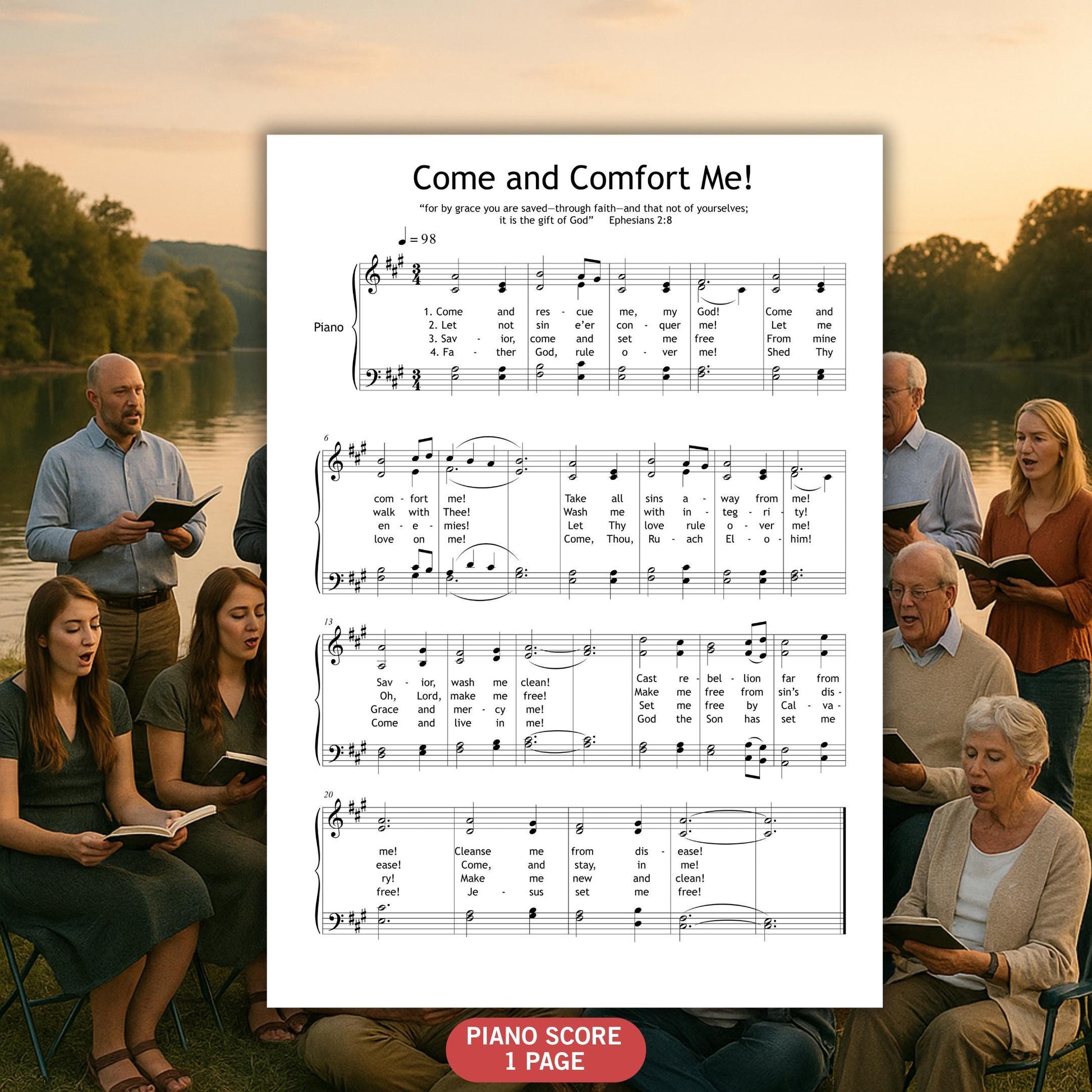 Printable SATB sheet music PDF of Come and Comfort Me with lyrics and piano part. Suitable for choirs performing sacred or reflective music. Great for Sunday services, memorials, and spiritual events. Clean layout, ready to print or use on tablet.