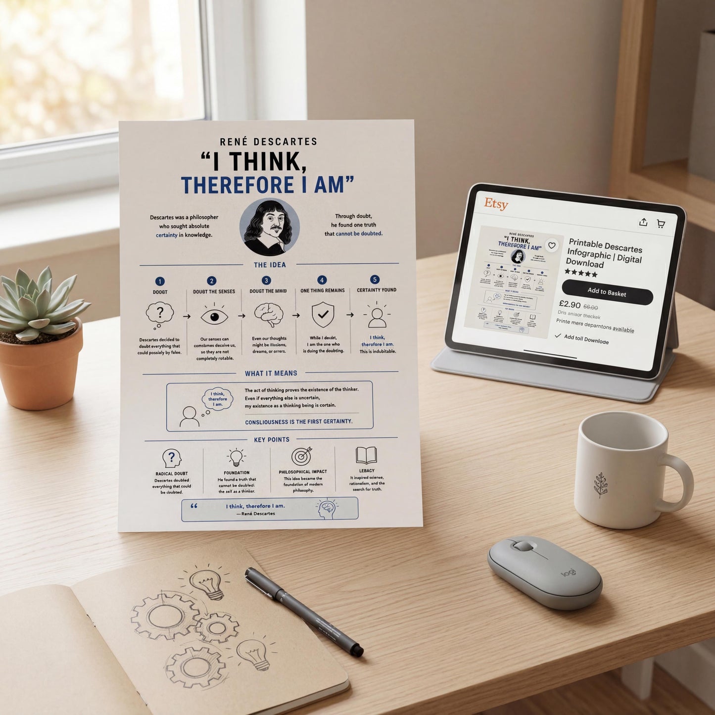 a desk with various items, including a poster or flyer, a tablet or laptop, a mouse, a coffee cup, and a potted plant.