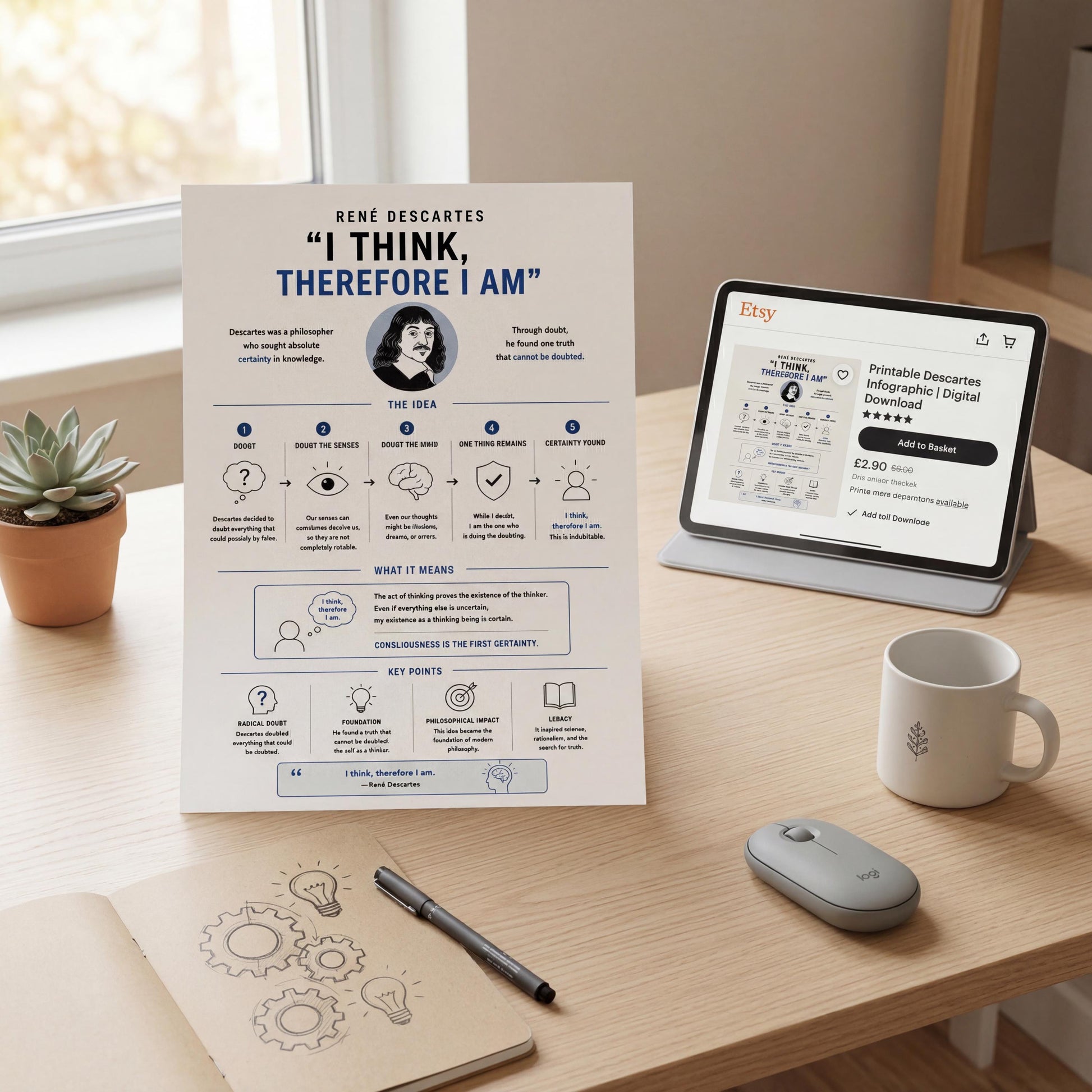 a desk with various items, including a poster or flyer, a tablet or laptop, a mouse, a coffee cup, and a potted plant.