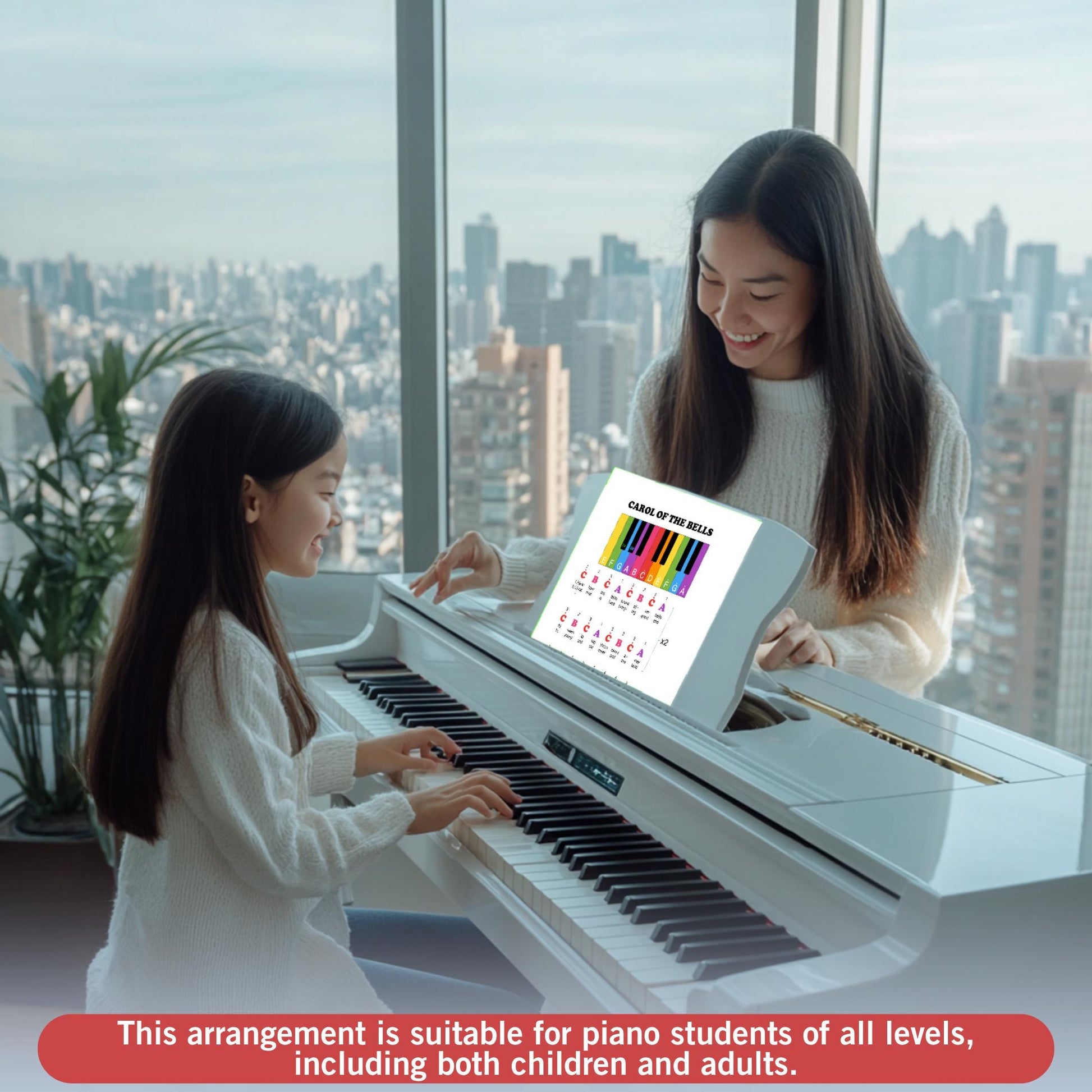 Carol of the Bells by Mykola Leontovych downloadable and simplified piano sheet music PDF in a color-coded Grade 0 edition highlighting visual cues, finger-number placement, and note-name lettering, engraved from handwritten manuscript sources for fun seasonal practice.