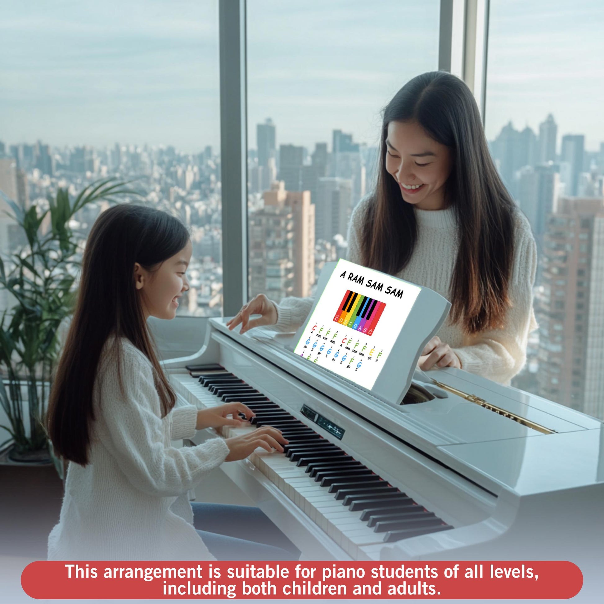 A Ram Sam Sam piano sheet music for children at beginner level. Color-coded and labeled for kids aged 3–7. Perfect printable PDF for first-time music learners in school or home.