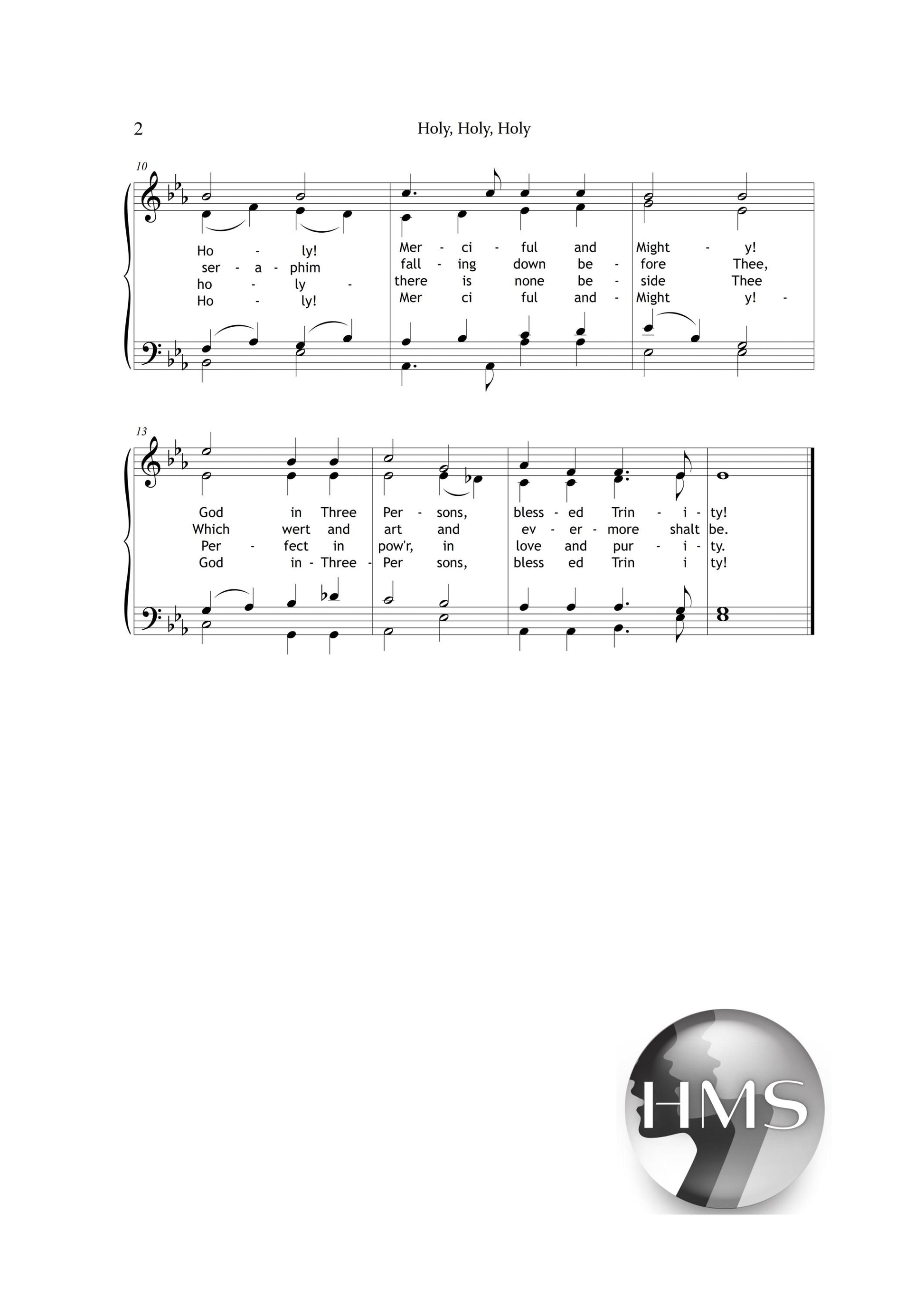 Holy, Holy, Holy by Reginald Heber and John B. Dykes downloadable and simplified piano sheet music PDF presented with SATB-style choral layout and piano part, including finger-number guidance, color-coded notation, and note-name support derived from the original manuscript.