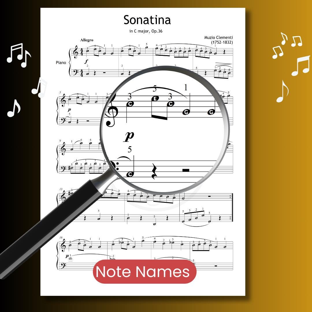 Simplified version of Sonatina No.1 by Clementi with letter names written on each note. Ideal for students who are building music reading confidence and learning pitch through visual reinforcement.