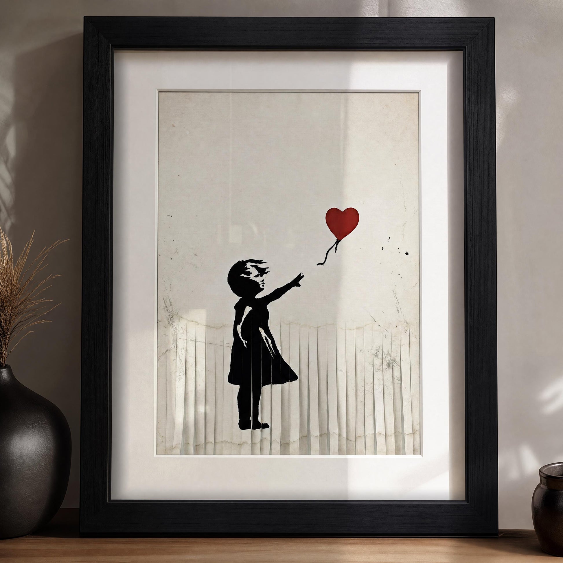 A framed artwork depicting a young girl holding a red heart-shaped balloon.