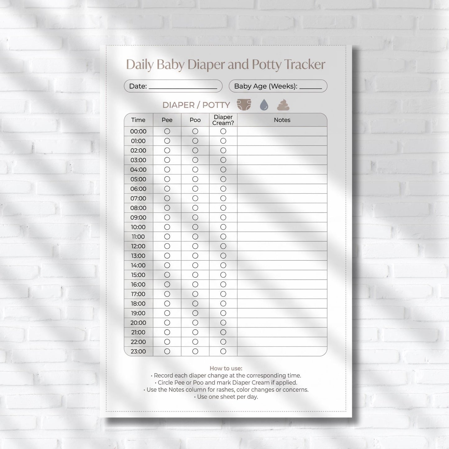 Baby Daily Tracker baby care planner with clearly labeled sections for feeding duration, left and right breastfeeding, diaper cream use, and sleep observations, suitable for daily routine monitoring.