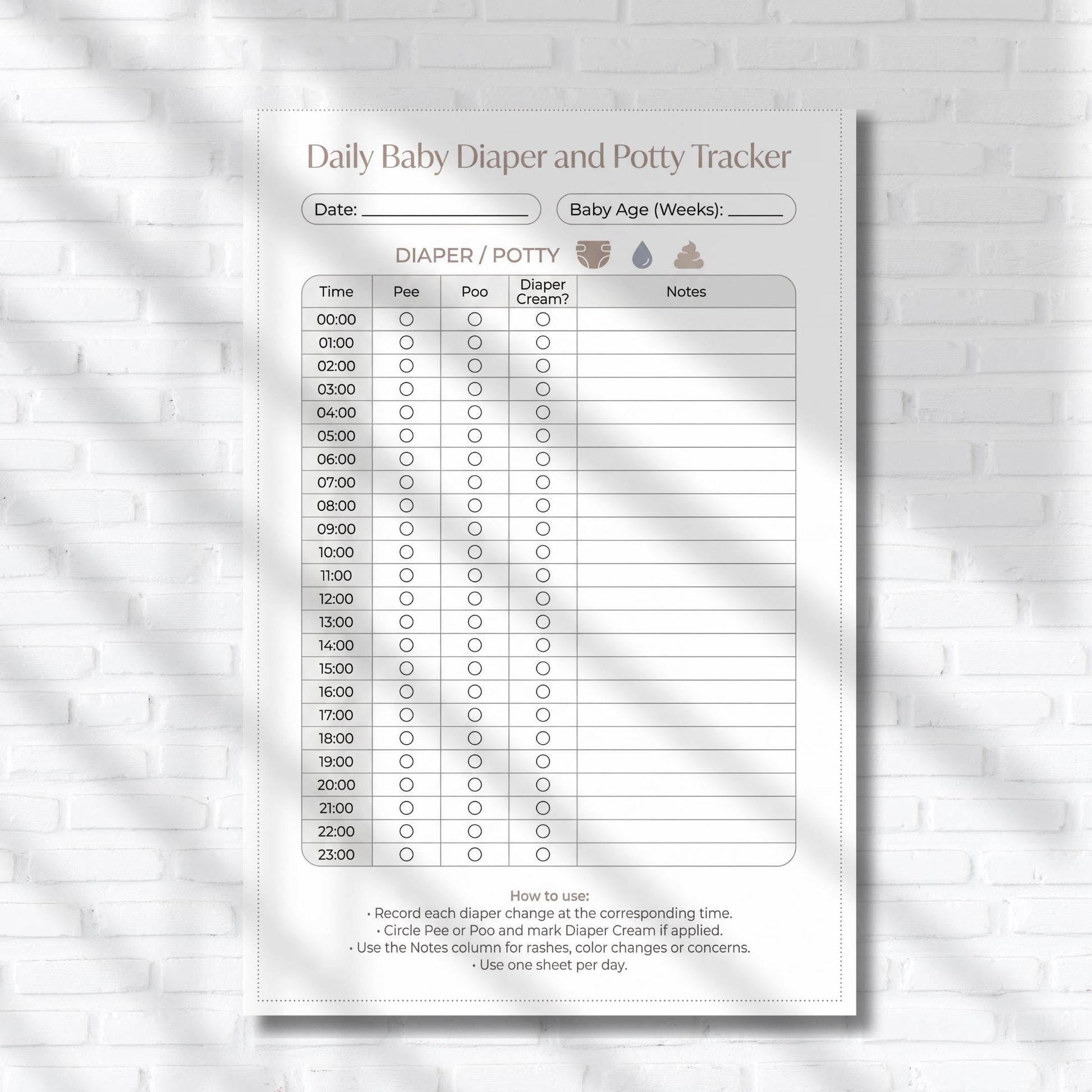 Baby Daily Tracker baby care planner with clearly labeled sections for feeding duration, left and right breastfeeding, diaper cream use, and sleep observations, suitable for daily routine monitoring.