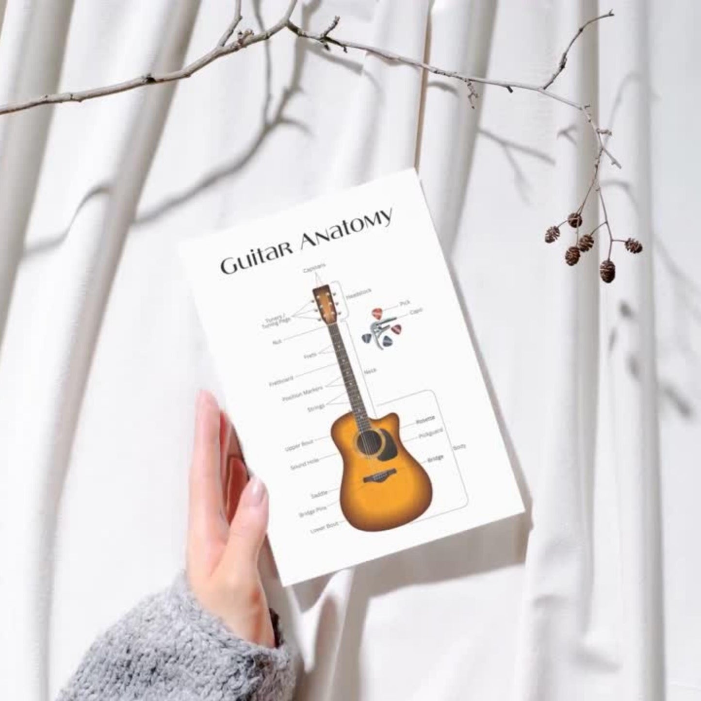 Acoustic guitar anatomy wall chart printable featuring labeled diagram and minimal design, optimized for print and digital use in music lessons