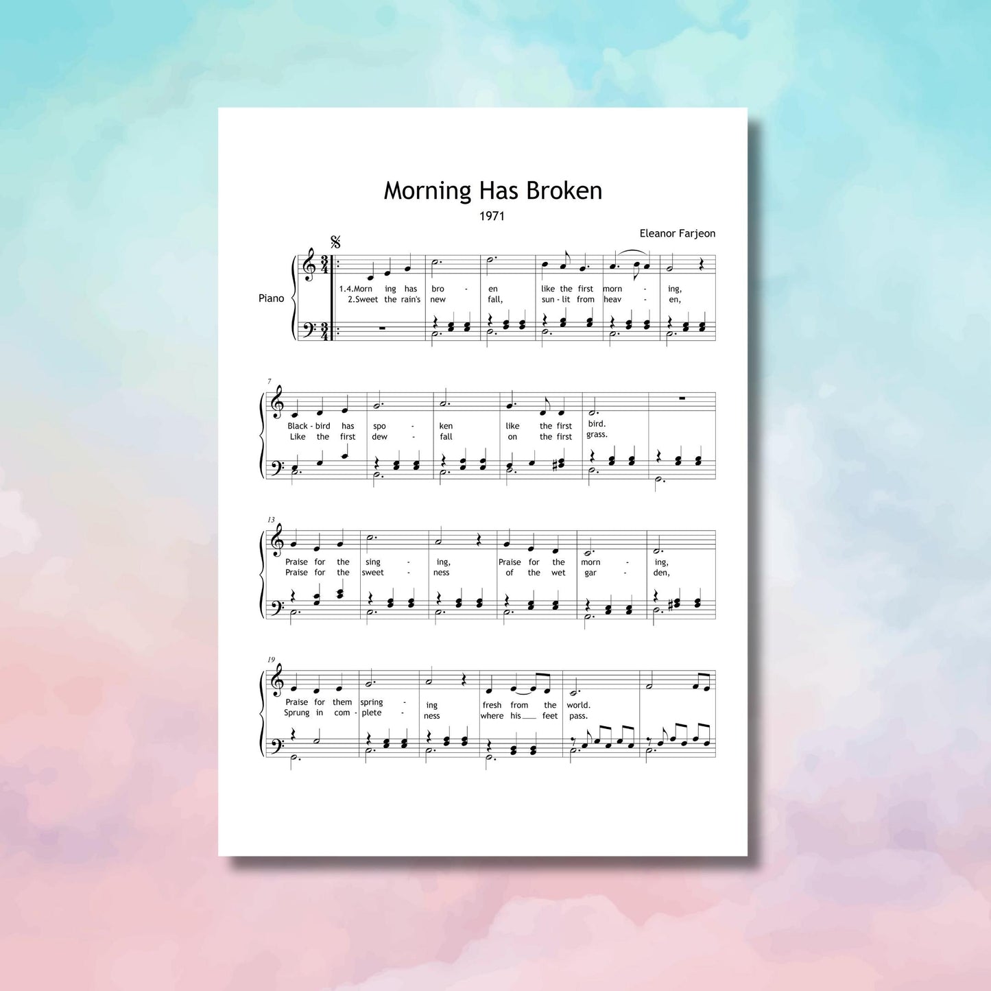 Flat lay of Morning Has Broken simplified piano PDF with colored pencils and flowers, printable hymn for music classrooms and personal practice.