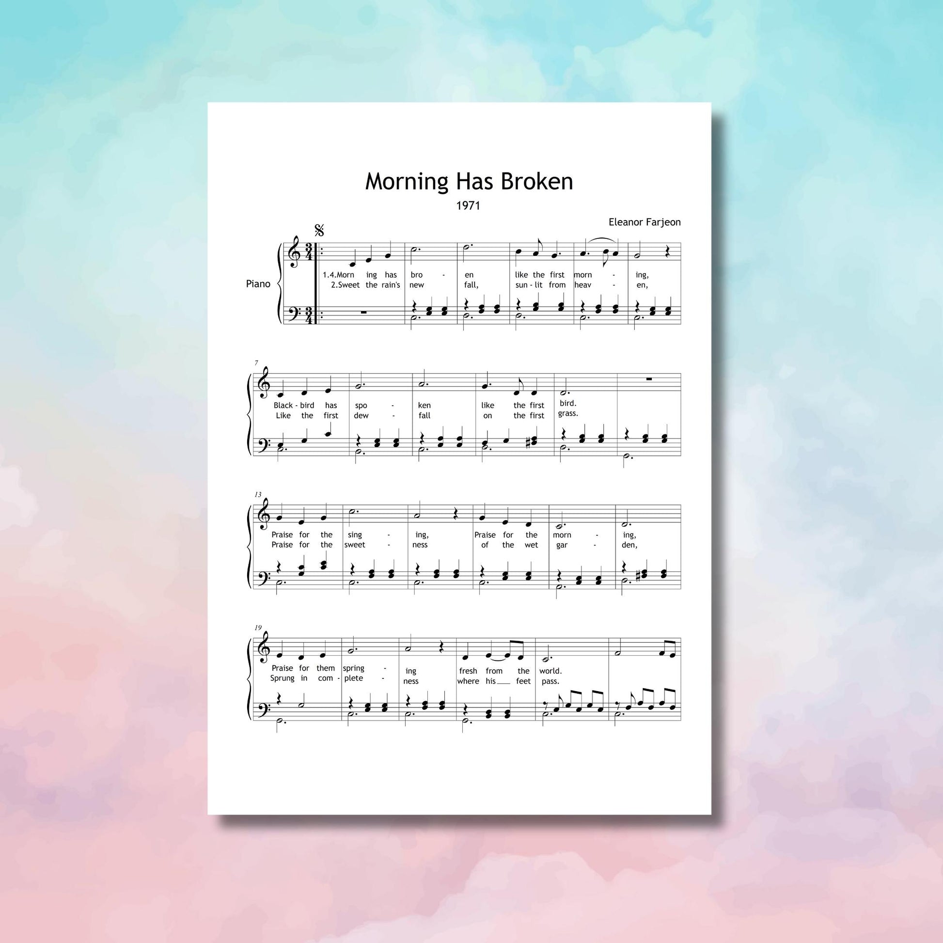 Flat lay of Morning Has Broken simplified piano PDF with colored pencils and flowers, printable hymn for music classrooms and personal practice.