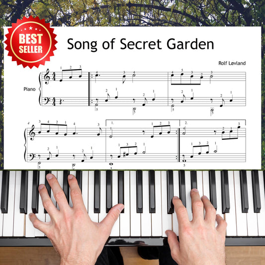 Song of Secret Garden by Rolf Løvland downloadable and simplified piano sheet music PDF shown in a Grade 3–4 layout with finger numbers, color-coded notes, note-name versions, and manuscript-based engraving for expressive early-intermediate playing.