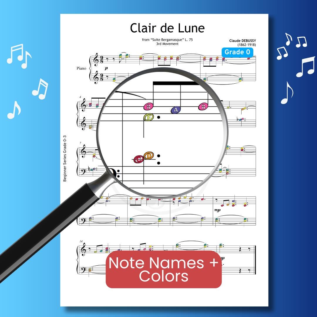 Clair de Lune by Claude Debussy Grade 4 simplified piano arrangement, instant digital download including four versions of the score, designed for early-intermediate learners, with note-reading support, color aids, and tablet-friendly use.