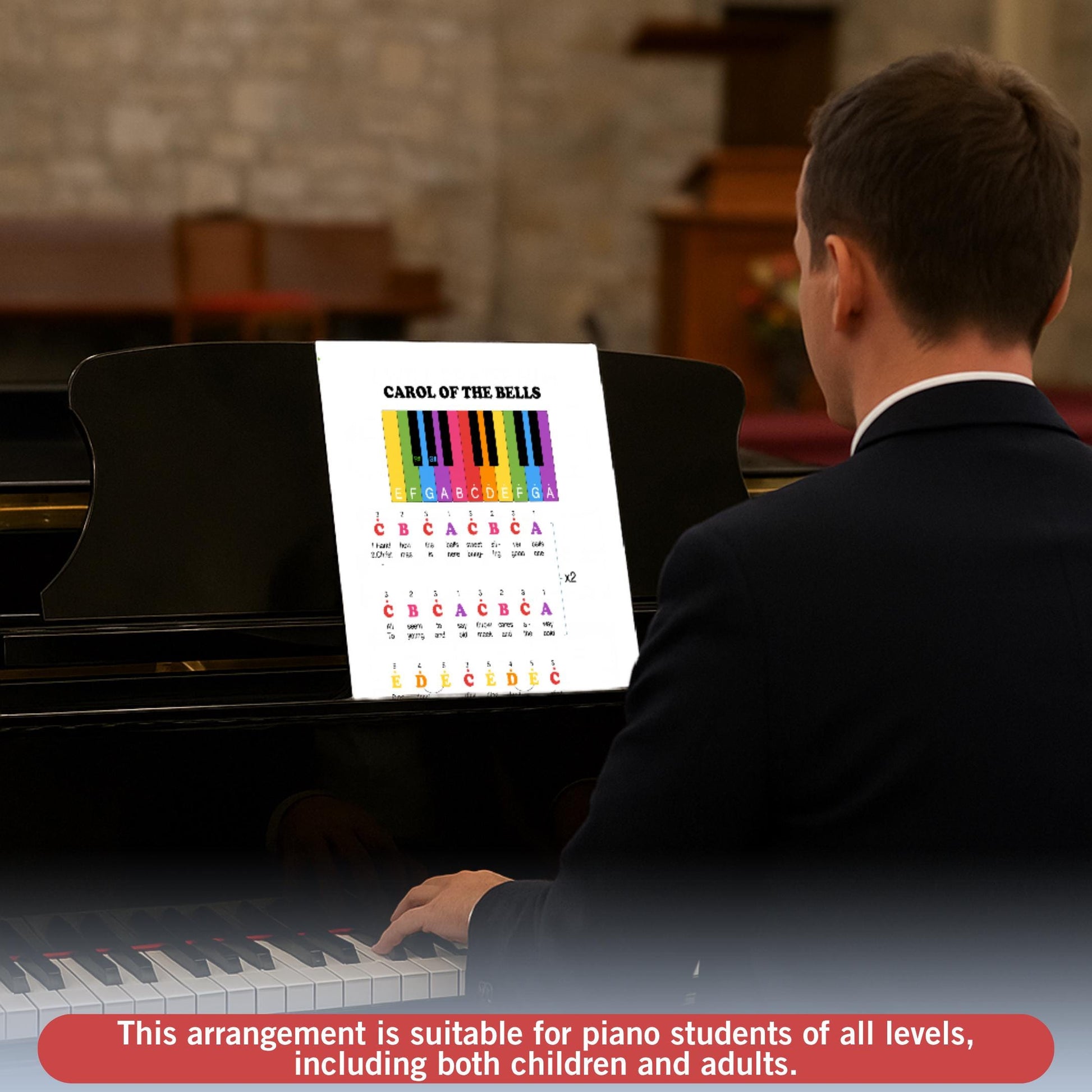 Carol of the Bells by Mykola Leontovych downloadable and simplified piano sheet music PDF displayed as a multi-version Grade 0 Christmas pack including standard notation, color notes, finger numbers, and note-name letters, all prepared from the manuscript for flexible learning for kids.