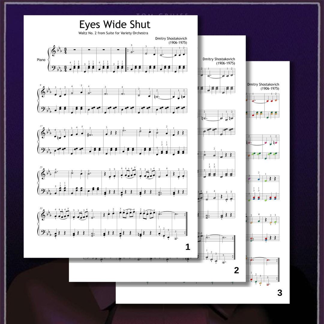 Waltz No. 2 by Dmitri Shostakovich downloadable and simplified piano sheet music PDF displayed as a multi-version Grade 3–4 pack including standard notation, finger numbers, note names, and color-coded notes, prepared from the manuscript for flexible practice options.