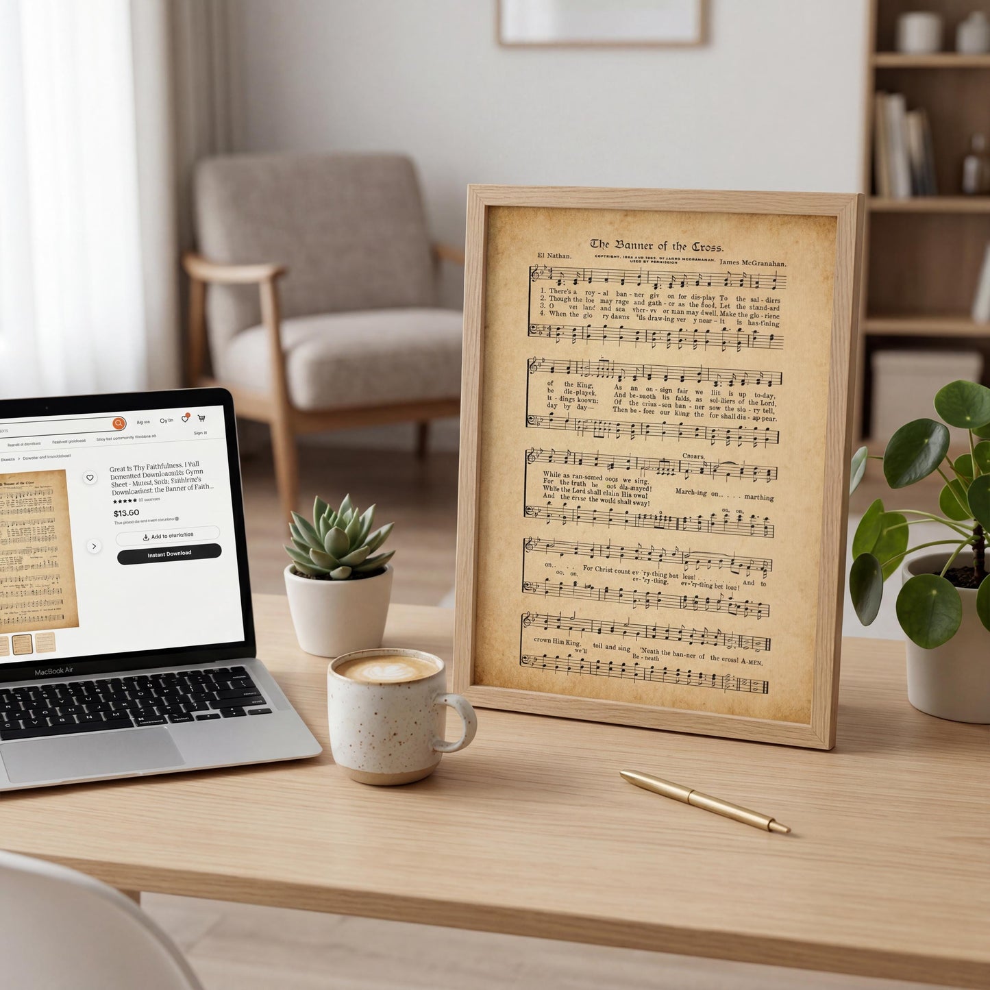 a wooden frame with sheet music, a laptop, a coffee cup, a pen, and a potted plant on a wooden desk.