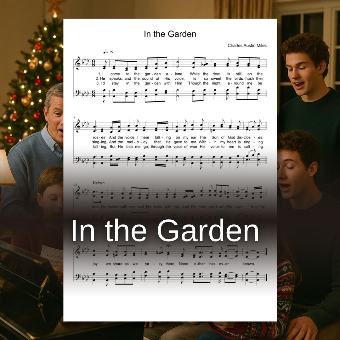 In the Garden by Charles Austin Miles downloadable and simplified piano sheet music PDF shown with the SATB choir and piano arrangement, displaying finger numbers, color-coded notes, and note-name versions based on the composer’s handwritten manuscript, designed for clear rehearsal use and accessible presentation of each vocal line.