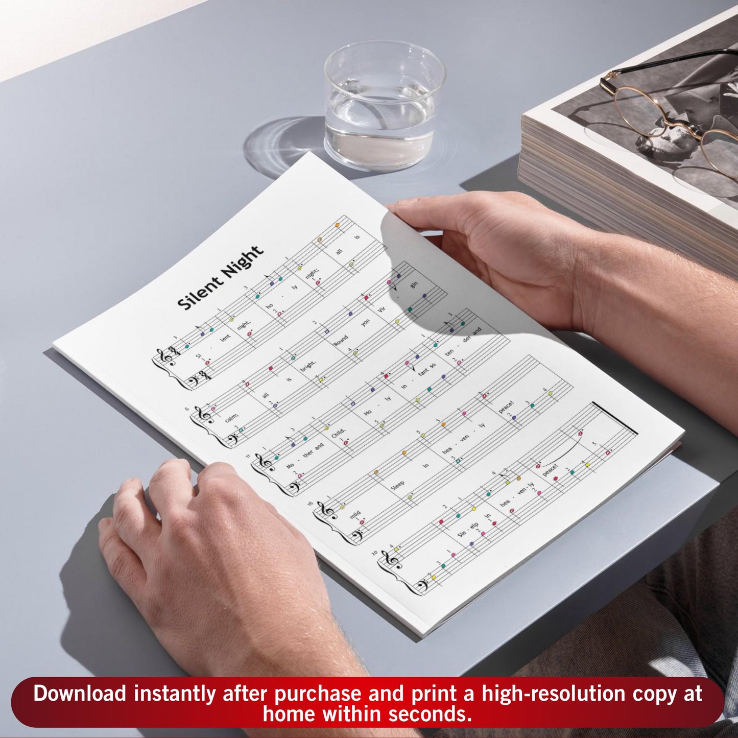 Silent Night by Franz Gruber downloadable and simplified Christmas easy piano sheet music PDF arranged for Grade 1 budding musicians, combining lyrics, color notes, note names, and readable notation for meaningful holiday practice.
