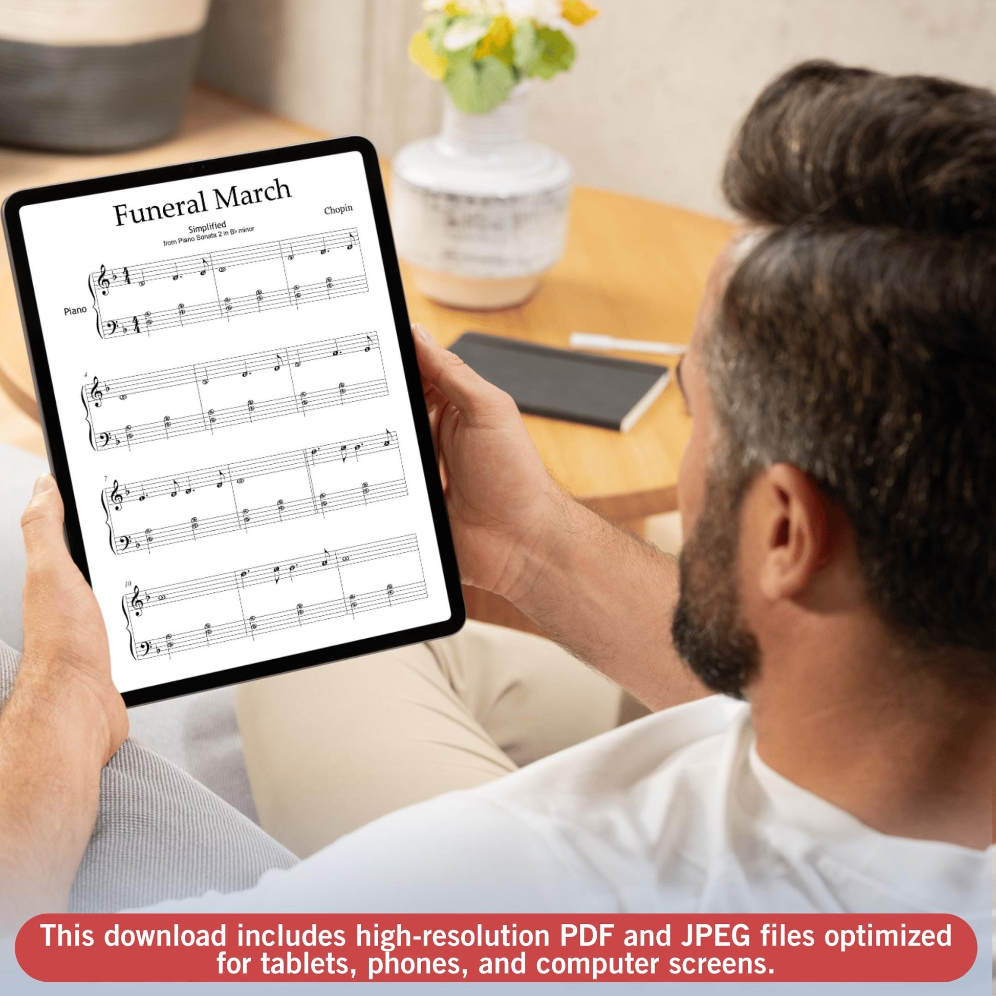 Chopin Funeral March arranged for beginners, Grade 1 easy piano Halloween edition, simplified PDF score with pedagogical features, note names, color-coded version, MP3 audio demo, and MP4 video tutorial.