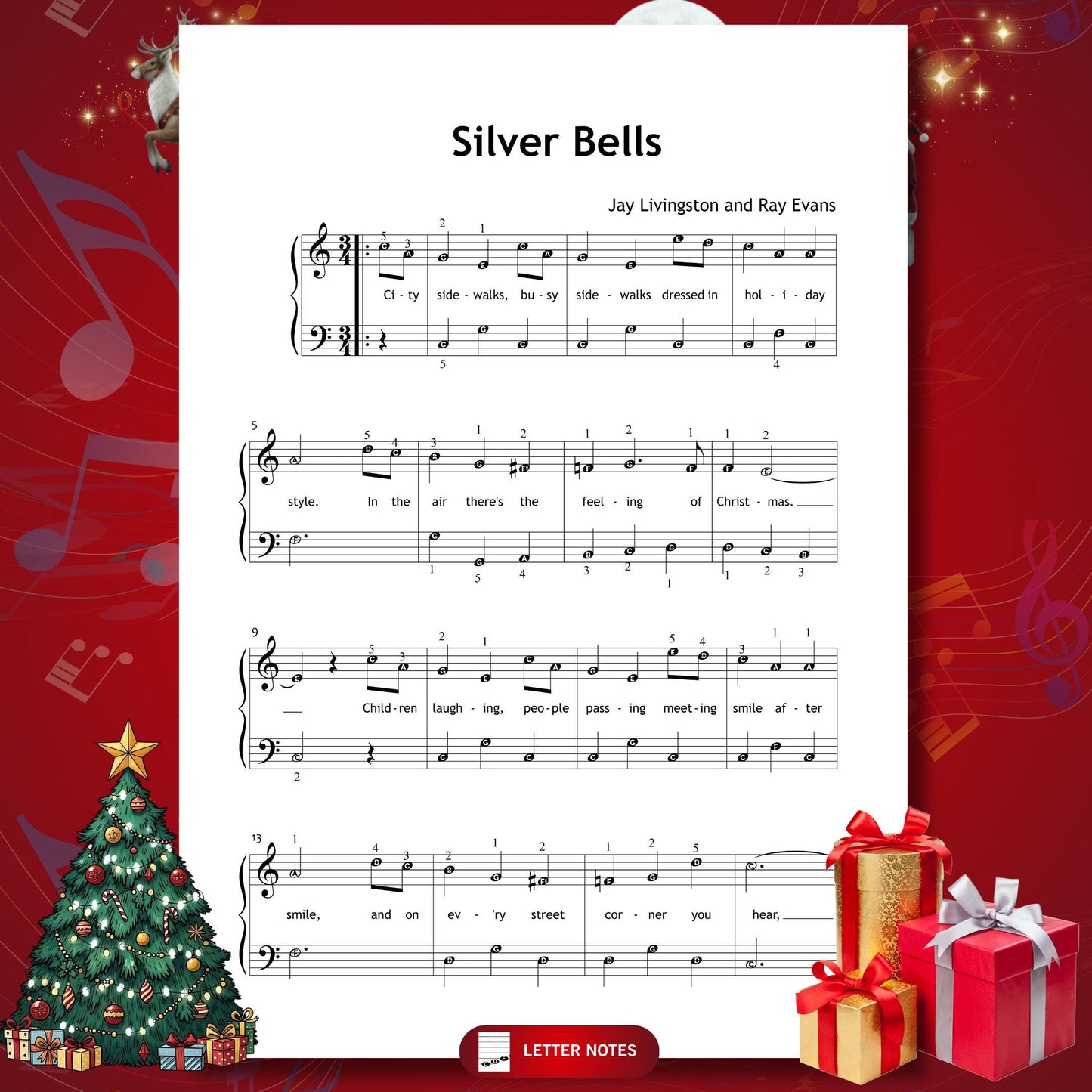 Silver Bells by Livingston & Evans downloadable and simplified piano sheet music PDF designed for Grade 1 learners, including lyrics, color notes, note names, finger numbers, and a clean layout for easy Christmas repertoire study.
