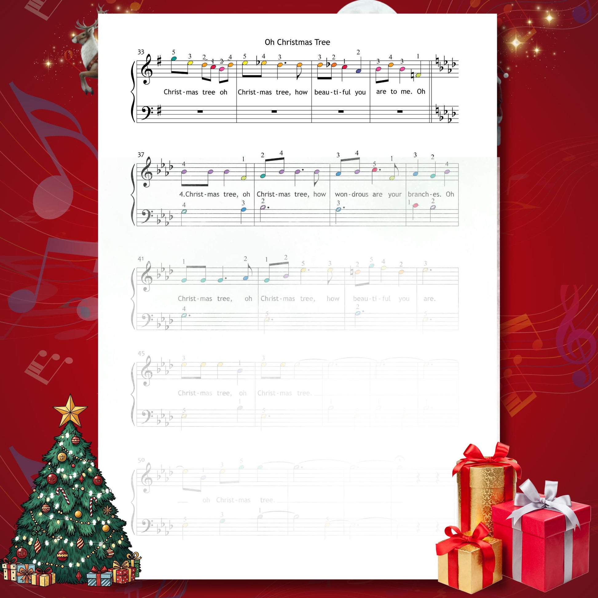 O Christmas Tree (O Tannenbaum) by Traditional downloadable and simplified piano sheet music PDF unites personalised Christmas printables with the spirit of Christmas gifts 2025, providing lyrics, finger numbers, color notes and note-name versions ready for printing or tablet use.
